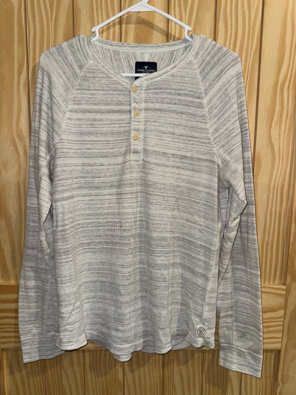 Men's American Eagle Men's Gray Striped Henley Long Sleeve Shirt-- Medium